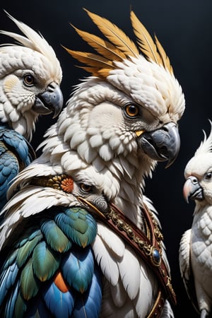 peacocks, tiger stripes,white cockatoo, baroque style, art by sergio toppi, art design by sergio toppi, military poster style, ,more detail XL,close up,Oil painting, 8k, highly detailed, in the style of esao andrews, a clse up oil portrait of a beautiful group of birds, 