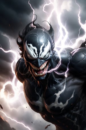 In a majestic, HD, 8K composition, a close up mid shot, the stunning figure of Venom, assumes a dramatic pose. Framed against fiery clouds, lightening, and a turbulent sky,Venoms gaze meets the viewer's, eyes gleaming with intensity,  he appears to scan the horizon. The illustration exudes a sense of heroic fantasy, reminiscent of Dungeons and Dragons, as if venom is about to embark on an epic adventure, wispy storm clouds, lightening, foggy turbulent sky,action shot