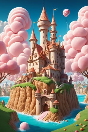 Here's a prompt that combines the requested elements:

A breathtakingly detailed, 8K masterpiece of a castle perched high on a hill, its turrets and flags standing tall amidst a stunning portrait of a fantasy candy village below. The scenery is set against a picturesque tropical beachside backdrop with a clear blue sky, fluffy white clouds, and lush green grass. A cornucopia of colorful sweets and treats spill out from the village, including cotton candy, cookies, and juicy fruits, all glistening under dramatic lighting that casts a warm glow. Rounded corners and intricate details abound, with subtle gradients and a dash of glitter for added visual interest.