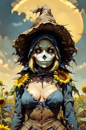 solo focus, hd, 8k, vintage illustration, A vintage-inspired scarecrow standing proudly in a sunflower field, with a worn-out hat and a rusty pitchfork. , masterpiece, award winning illustration by Frank Frazetta of a back view female sexy, bending over, armored hooded DarkFantasy, dark atmosphere, advntr,fr4z3tt4 