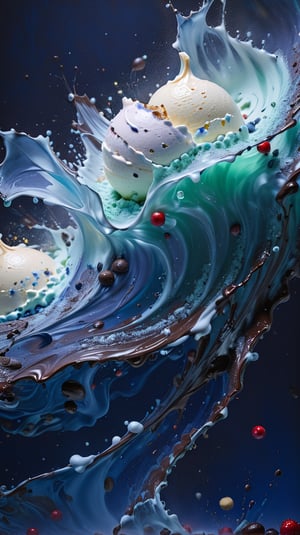 a macroscopic photograph of strawberry ice cream with cherry cream, ice cubes, maraschino cherries, blueberries, lychees , hundreds and thousands, dark chocolate sauce, nuts, mint leaves, splashing dark chocolate sauce, in a gradient honey  coloured background, fluid motion, dynamic movement, cinematic lighting, palette knife, digital artwork by Beksinski,action shot,sweetscape, 3D, oversized fruit, caramel theme, art by Klimt, airbrush art, food photography, food explosion background