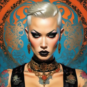 A Man, Horror Comics style, art by brom, tattoo by ed hardy, shaved hair, neck tattoos andy warhol, heavily muscled, biceps,glam gore, horror, demonic, hell visions, demonic women, military poster style, asian art, chequer board,retropunk style, mandlebrot fractal patterns, 