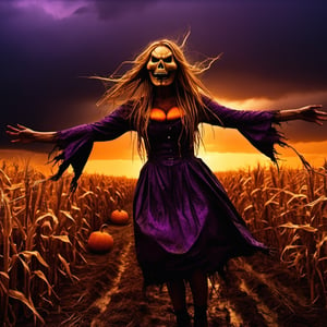 Feet to head full body action shot, Pumpkin girl scarecrow, long stringy wet hair, angry pumpkin face, reaching out from the cornfield to terrify the viewer, hi res, photorealistic, 35 mm canon, slow shutter speed, dark dramatic purple sky, lightening ,Monster,HellAI,oni style,Devasted landscape ,Leonardo Style