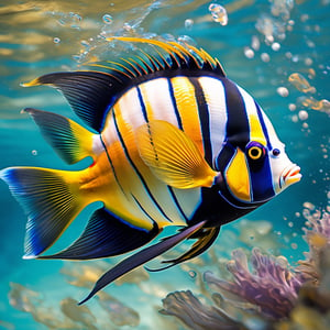 a tropical angel fish, very colourful, underwater, seaweed, aqua water, Colourful cat ,