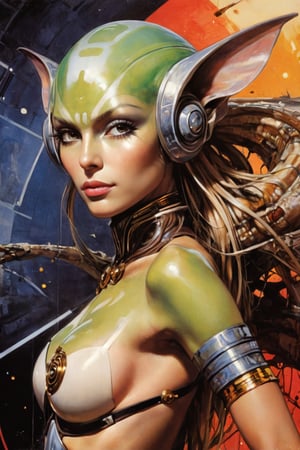 art by Masamune Shirow, art by J.C. Leyendecker, art by simon bisley, art by ralph steadman, a masterpiece, stunning beauty, hyper-realistic oil painting, star wars alien creatures, a portrait picture, incredible detail, fantasy portrait, smooth skin,  kaleidoscope graffiti background,