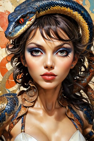 art by Masamune Shirow, art by J.C. Leyendecker, art by simon bisley, art by ralph steadman, a masterpiece, stunning beauty, hyper-realistic oil painting, snake alien creatures, a portrait picture, incredible detail, fantasy portrait, smooth scaly skin, kaleidoscope graffiti background,action shot