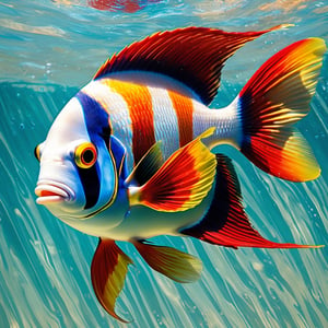 a tropical angel fish, very colourful, red tipped fins, underwater, seaweed, aqua water, Colourful cat ,