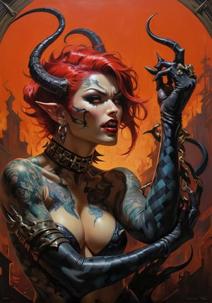 art by Masamune Shirow, art by J.C. Leyendecker, art by boris vallejo, a masterpiece, demonis beasts from hell, hands pulling you under, reaching up, hyper-realistic oil painting, vibrant colors, Horror Comics style, art by brom, tattoo by ed hardy, a woman, shaved hair, neck tattoos by andy warhol, heavily muscled, biceps,glam gore, covered heavily in crisp dark  demonic tattoos, horror, demonic, hell visions, demonic women, military poster style, asian art, chequer board, dark chiarascuro lighting, a telephoto shot, 1000mm lens, f2,8 , graffiti style , abstract, illustration,  ,perfecteyes,FieldSauce, 