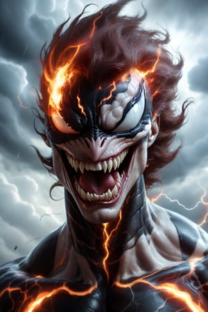 In a majestic, HD, 8K composition, a close up mid shot, the stunning figure of Venom, assumes a dramatic pose. Framed against fiery clouds, lightening, and a turbulent sky,Venoms gaze meets the viewer's, eyes gleaming with intensity,  he appears to scan the horizon. The illustration exudes a sense of heroic fantasy, reminiscent of Dungeons and Dragons, as if venom is about to embark on an epic adventure, wispy storm clouds, lightening, foggy turbulent sky,action shot