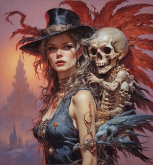 art by Masamune Shirow, art by J.C. Leyendecker, art by boris vallejo, a masterpiece, hyper-realistic oil painting, vibrant colors, Horror Comics style, art by brom, tattoo by ed hardy, a woman with half a skull face and half a human face, horror, dark chiarascuro lighting, a telephoto shot, 1000mm lens, f2,8 , , illustration,  ,perfecteyes,