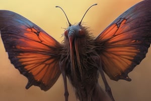 An extreme macroscopic close up of a butterflies  mouth, face and body and wings, sporadic hairs, Bitey, stinging pointing things, sucking probes, digital artwork by Beksinski,potma style