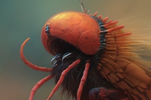 An extreme macroscopic close up of a butterflies  mouth, face and body and wings, sporadic hairs, Bitey, stinging pointing things, sucking probes, digital artwork by Beksinski,potma style