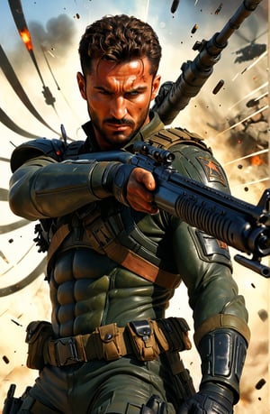 carving by michelangelo, art by simon bisley, art by Boris Vallejo , a masterpiece, stunning beauty, hyper-realistic movie poster, 8k, black ops killers, ,  a telephoto portrait picture, background blurred, incredible detail, fantasy portrait, kaleidoscope graffiti background, artint, frutiger, A black ops tactical arms gunner stares down the scope of his weapon, The artwork is a masterpiece, boasting incredible detail and a sense of depth that pulls the viewer in. the wors "Black Ops" is emblazoned on the image, (text "One last stand")