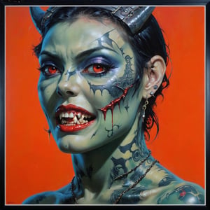 art by Masamune Shirow, art by J.C. Leyendecker, art by boris vallejo, a masterpiece, a female vampire, showinh her sharp teeth, stunning beauty, hyper-realistic oil painting, vibrant colors, Horror Comics style, art by brom, tattoo by ed hardy, a woman, shaved hair, neck tattoos by andy warhol, heavily muscled, biceps,glam gore, covered heavily in crisp dark  demonic tattoos, horror, demonic, hell visions, demonic women, military poster style, asian art, chequer board, dark chiarascuro lighting, a telephoto shot, 1000mm lens, f2,8 , graffiti style , abstract, illustration,  ,artint,3D,perfecteyes,digital artwork by Beksinski,nipples,FieldSauce,large breasts