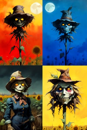  solo focus, hd, 8k, vintage illustration, A vintage-inspired scarecrow standing proudly in a sunflower field, with a worn-out hat and a rusty pitchfork. , masterpiece, award winning illustration by Frank Frazetta, a sexy female scarecrow, DarkFantasy, dark atmosphere, advntr,fr4z3tt4