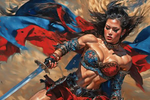 heaven poster, a warrior women, hair is wind blown, huge wings on her back, dramatic blue sky and angry lightening clouds behind her, long battle sword in her right hand, blood dripping from the sword, manga style, an oil painting, a masterpiece, art by TavitaNiko, art by Vallejo, art by Klimt , art by brom, tattoo by ed hardy, shaved hair, neck tattoos andy warhol, heavily muscled, biceps,glam gore, horror, demonic, hell visions, demonic women, military poster style, asian art, chequer board,