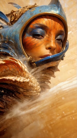 art by Masamune Shirow, art by J.C. Leyendecker, art by simon bisley, art by ralph steadman, a masterpiece, stunning beauty, hyper-realistic oil painting, star wars alien creatures, a portrait picture, incredible detail, fantasy portrait, alien skin, breathing apparatus, fish like skin, eel like noses, blue graffiti background,