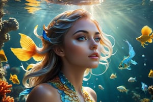 In the shimmering depths of the ocean abyss, an attractive young mermaid glides effortlessly (((Humanoid beings with the upper body of a human and the lower body of a fish)))  she moves her tail with grace and allure, The underwater world around her is alive with corals, sea creatures, and dappled sunlight filtering through the water's surface. Capture a full-body view from head to toe of this mesmerizing sea nymph, emphasizing the fluidity of her movements and the intricate details of her surroundings, barefoot, hands detailed, full body, perfect body, seductively pose, extremely charming, alluring scene, mysterious ancient fantasy world, cinematic photography, captured with professional DSLR camera, octane render, studio photo, 32k, ultra detailed, ultra sharp focus, golden ratio, 50 multicoloured different aquarium fish swimming around her face, small bubbles, flotsam, jetsum, plankton, seahorses, seaswirl, ultra wide shot,a girl formed of colored glaze,IncrsXLRanni,perfecteyes