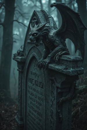  A dark and creepy scene featuring a stone carved gargoyle affixed to draculas tonbstone. The setting is gloomy, with fog swirling around the tombstone, creating a chilling atmosphere. The background is dark and atmospheric, with deep shadows emphasizing a menacing presence. The focus is on the contrasting elements of horror and evil creating a chilling and surreal atmosphere. front view looking from below eye ;evel,
