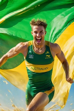 a close up body shot photograph of a happy australian male athlete, he is wearing an australian olympic highjump  uniform, he is has an olympic  gold medal around his neck, very large green and gold flag background, fluid motion, dynamic movement, cinematic lighting, palette knife, digital artwork by Beksinski,action shot,sweetscape, art by Klimt, airbrush art, ,photo r3al,ice and water,close up,Movie Poster