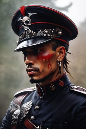 cinematic reality, film, chiarosaurio, depth of field, shadows, reflection, sparks, mists, skull with red military cap, sharp focus, detailed features, blood, tribal tattoos on the skull cheeks and jaw, 