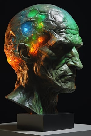 sculpture by Michelangelo , a cube shaped head, stunning beauty, hyper-realistic oil painting, vibrant colors, dark chiarascuro lighting, a telephoto shot, 1000mm lens, f2,8,Vogue,more detail XL