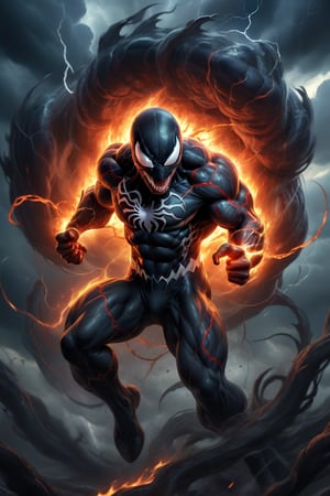 In a majestic, HD, 8K composition, a close up mid shot, the stunning figure of Venom, assumes a dramatic pose. Framed against fiery clouds, lightening, and a turbulent sky,Venoms gaze meets the viewer's, eyes gleaming with intensity,  he appears to scan the horizon. The illustration exudes a sense of heroic fantasy, reminiscent of Dungeons and Dragons, as if venom is about to embark on an epic adventure, wispy storm clouds, lightening, foggy turbulent sky,action shot