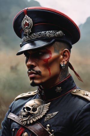 cinematic reality, film, chiarosaurio, depth of field, shadows, reflection, sparks, mists, skull with red military cap, sharp focus, detailed features, blood, tribal tattoos on the skull cheeks and jaw, 