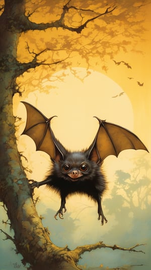 A whimsical masterpiece by Ralph Steadman or Brom or Simon Bisley, a highly detailed illustration of a cute, bat-like creature suspended upside down from a tree branch, bathed in warm, golden light with the Sigma 1000mm lens at f2.8. The eyes, big and round, are in sharp focus, their small dark pupils drawing the viewer in. Bat-like ears and wings protrude from the furry body, while short, fluffy skin and fur cover its back. Small, scaly hands grasp the branch, as if the creature is perched in mid-air, ready to take flight.