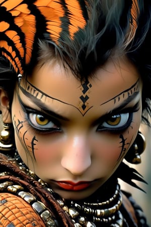 A dark black Nubian woman, extreme close up on eyes, ed hardy tatoos bold flat colour, detailed eyes, eye highlight, A charming character, bold, edgy, ethereal, immaculate composition, brian viveros, jean-baptiste, monge, dynamic pose, dynamic light and shadow, 8k resolution, digital art, peacocks, tiger stripes, orange cockatoo, fashionistas, baroque style, art by sergio toppi, art design by sergio toppi, tattoo by ed hardy, shaved hair, neck tattoos by andy warhol, heavily muscled, biceps, glam, women, military poster style, , more detail XL, close up, Oil painting, 8k, highly detailed, in the style of esao andrews, Vogue style, GARTERBELT, g string, , 3d style,close up,Comic Book-Style,Obsidian Enigma Art Style