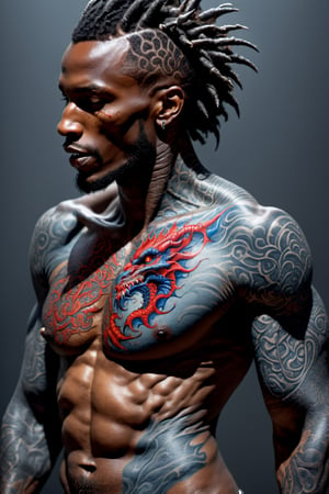 An sexy black african mans arm and shoulder, telephoto lens shot, man is staring at the viewer, the arm and shoulder are  covered in a very detailed intricate red and blue dragon tattoo that is protruding outfrom the skin, coming alive, its screaming, scratching, similar to dragon tattoo by Boris Vallejo, slowly you see the small dragon tattoo in parts is coming out of the skin and becoming a real version of the tattoo, sticking out, scales, extended claws, 16K, movie still, cinematic, 