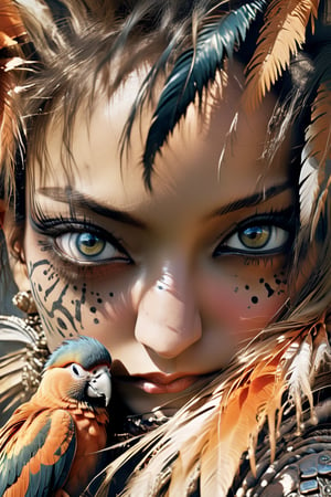 A dark black Nubian woman, extreme close up on eyes, ed hardy tatoos bold flat colour, detailed eyes, eye highlight, A charming character, bold, edgy, ethereal, immaculate composition, brian viveros, jean-baptiste, monge, dynamic pose, dynamic light and shadow, 8k resolution, digital art, peacocks, tiger stripes, orange cockatoo, fashionistas, baroque style, art by sergio toppi, art design by sergio toppi, tattoo by ed hardy, shaved hair, neck tattoos by andy warhol, heavily muscled, biceps, glam, women, military poster style, , more detail XL, close up, Oil painting, 8k, highly detailed, in the style of esao andrews, Vogue style, GARTERBELT, g string, , 3d style,close up