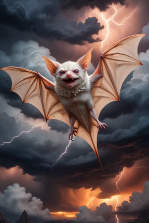 In a majestic, HD, 8K composition, a clse up mid shot, a stunning albino bat assumes a dramatic pose. Framed against fiery storm clouds, lightening, and a turbulent sky,the creature's gaze meets the viewer's, its eyes gleaming with intensity. Wings outstretched, it appears to scan the horizon for wind currents. The illustration exudes a sense of heroic fantasy, reminiscent of Dungeons and Dragons, as if this majestic bat is about to embark on an epic adventure, storm clouds, lightening, turbulent sky,