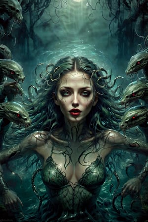 In this enchanting yet foreboding scene a beautiful woman with hair made of snakes  moves from the center of a woodland pool to the edge of the water. Moonlight surrounds her in a haunting light. 
Her hair is made of green snakes, her eyes are filled with a diffused light, she has red lips, she smirkes, she wears white small, loose, top.
Ripples surround her in the water, glistens, statues of human stone stand beside the water. 
, 8k quality, it like a 3 D picture
,HZ Steampunk,biopunk style,DonMn1ghtm4reXL,HellAI,omatsuri,flmngprsn