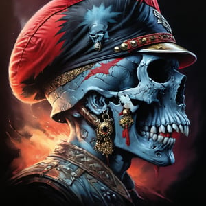 cinematic reality, film, chiarosaurio, depth of field, shadows, reflection, sparks, mists, skull with red military cap, sharp focus, detailed features, blood, tribal tattoos on the skull cheeks and jaw, 