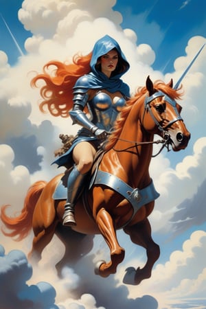 solo focus, hd, 8k, vintage illustration, masterpiece, award winning illustration by Frank Frazetta of a female sexy armored hooded scoundrel riding a res fiery unicorn while busting through the clouds, blue sky, dungeons and dragons style, fantasy, heroic fantasy, Dark Fantasy, dark atmosphere, advntr,fr4z3tt4,more detail XL