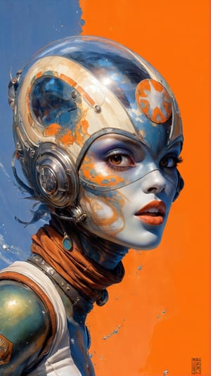 art by Masamune Shirow, art by J.C. Leyendecker, art by simon bisley, art by ralph steadman, a masterpiece, stunning beauty, hyper-realistic oil painting, star wars alien creatures, a portrait picture, incredible detail, fantasy portrait, alien skin, breathing apparatus, fish like skin, eel like noses, orange graffiti background, 