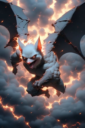 In a majestic, HD, 8K composition, a clse up mid shot, a stunning albino bat assumes a dramatic pose. Framed against fiery clouds, lightening, and a turbulent sky,the creature's gaze meets the viewer's, its eyes gleaming with intensity. Wings outstretched, it appears to scan the horizon for wind currents. The illustration exudes a sense of heroic fantasy, reminiscent of Dungeons and Dragons, as if this majestic bat is about to embark on an epic adventure, wispy storm clouds, lightening, foggy turbulent sky,action shot