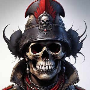 cinematic reality, film, chiarosaurio, depth of field, shadows, reflection, sparks, mists, skull with red military cap, sharp focus, detailed features, blood, tribal tattoos on the skull cheeks and jaw, 