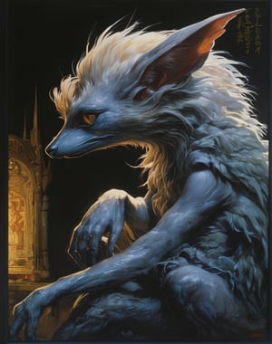 art by Masamune Shirow, art by J.C. Leyendecker, art by boris vallejo, art by simon bisley, a masterpiece, stunning beauty, hyper-realistic oil painting, a creature from the dark crystal movie, a jim henson puppet come alive, , big boggly eyes, small dark pupil, pointy ears, short fluffy skin in tufts, sinewy veiny skin,  just waking up, annoyed, small creepy hands, sigma 1000 mm lens, f2.8, eyes in focus,