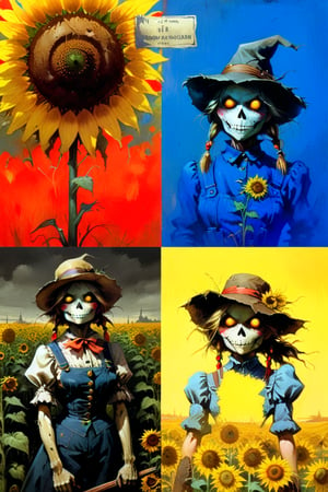  solo focus, hd, 8k, vintage illustration, A vintage-inspired scarecrow standing proudly in a sunflower field, with a worn-out hat and a rusty pitchfork. , masterpiece, award winning illustration by Frank Frazetta, a sexy female scarecrow, DarkFantasy, dark atmosphere, advntr,fr4z3tt4