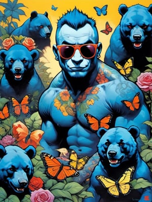 Blue bear with many baby bears, Horror Comics style, art by brom, tattoo by ed hardy, shaved hair, neck tattoos andy warhol, heavily muscled, biceps,glam gore, horror, blue bear, demonic, hell visions, demonic women, military poster style, chequer board, vogue bear portrait, Horror Comics style, art by brom, smiling, lennon sun glasses, punk hairdo, tattoo by ed hardy, shaved hair, neck tattoos by andy warhol, heavily muscled, biceps, glam gore, horror, poster style, flower garden, Easter eggs, coloured foil, oversized monarch butterflies, tropical fish, flower garden,retropunk style,vintagepaper,comic book