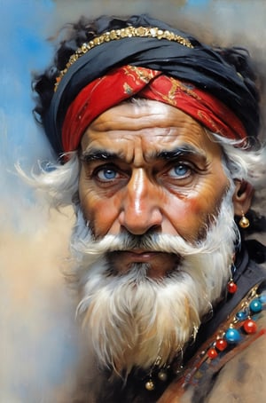 art by john singer sargent, art my monet, art by Ivana Besevic, art by Mia Bergeron, lighting style by rembrandt, an oil painting portrait,  close cropped, face only, an old indian mans face, wearing a black turban decorated with gold and red baubles,  turban, very detailed straggly beard,detail in hair, detail in the eyes, detail in the hair and beard, focus on the eyes, piercing bright light blue eyes, very detailed eyes, looking away inyo the distance, 