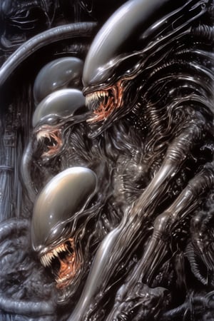 art by Masamune Shirow, art by hr giger, a masterpiece, stunning beauty, hyper-realistic oil painting, a xenomorph, low lighting, intense, dripping blood and sweat, messed up, battling human troopers, a telephoto shot, 1000mm lens, f2,8, 