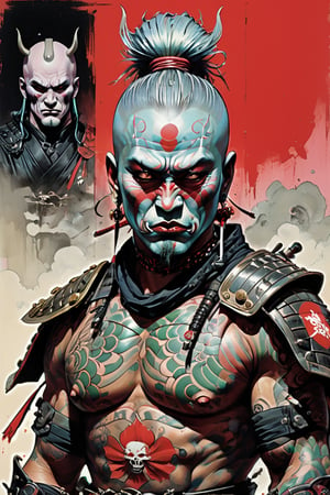 samurai, wearing full battle armour, Horror Comics style, art by brom, tattoo by ed hardy, shaved hair, neck tattoos andy warhol, heavily muscled, biceps,glam gore, horror, demonic, hell visions, demonic women, military poster style, asian art, chequer board,japanese flag, wearing a gee, 