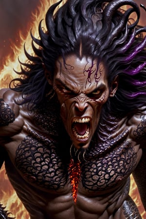 close up of the mans face, a sexy black african mans arm and shoulder, man is staring screaming at the viewer, raging, long hair, the arm and shoulder are covered in a very detailed intricate dark purple and crimson and black dragon tattoo that is protruding outfrom the skin, coming alive, its screaming, scratching, similar to dragon tattoo by Boris Vallejo, slowly you see the small dragon tattoo in parts is coming out of the skin and becoming a real version of the tattoo, sticking out, scales, extended claws, spit, spittle, blood drops, 16K,
