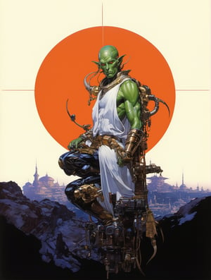 art by Masamune Shirow, art by J.C. Leyendecker, art by simon bisley, a masterpiece, stunning beauty, hyper-realistic oil painting, a stasr wars male alien character, green skin, loose clothing, a side portrait picture, incredible detail, 