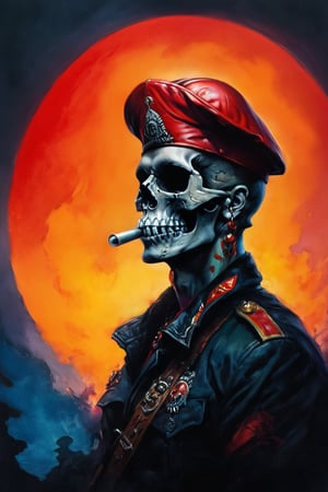 cinematic reality, film, chiarosaurio, depth of field, shadows, reflection, sparks, mists, skull with red military cap, sharp focus, detailed features, blood, tribal tattoos on the skull cheeks and jaw, 