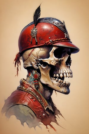 cinematic reality, film, chiarosaurio, depth of field, shadows, reflection, sparks, mists, skull with red military cap, sharp focus, detailed features, blood, tribal tattoos on the skull cheeks and jaw, 