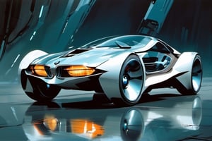 a futuristic bmw concept car, art by glen keane, wide wheels, glass roof, leds, aerodynamic,  art by john Berkey, art by chris foss, art by frank frazetta, 